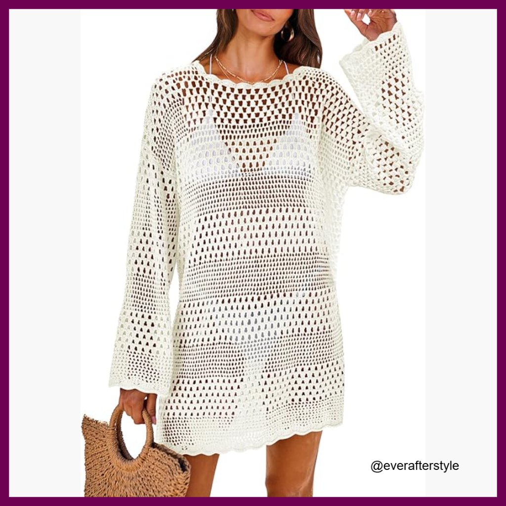 Crochet Mesh Knit Beach Cover Up Dress Long Sleeve
